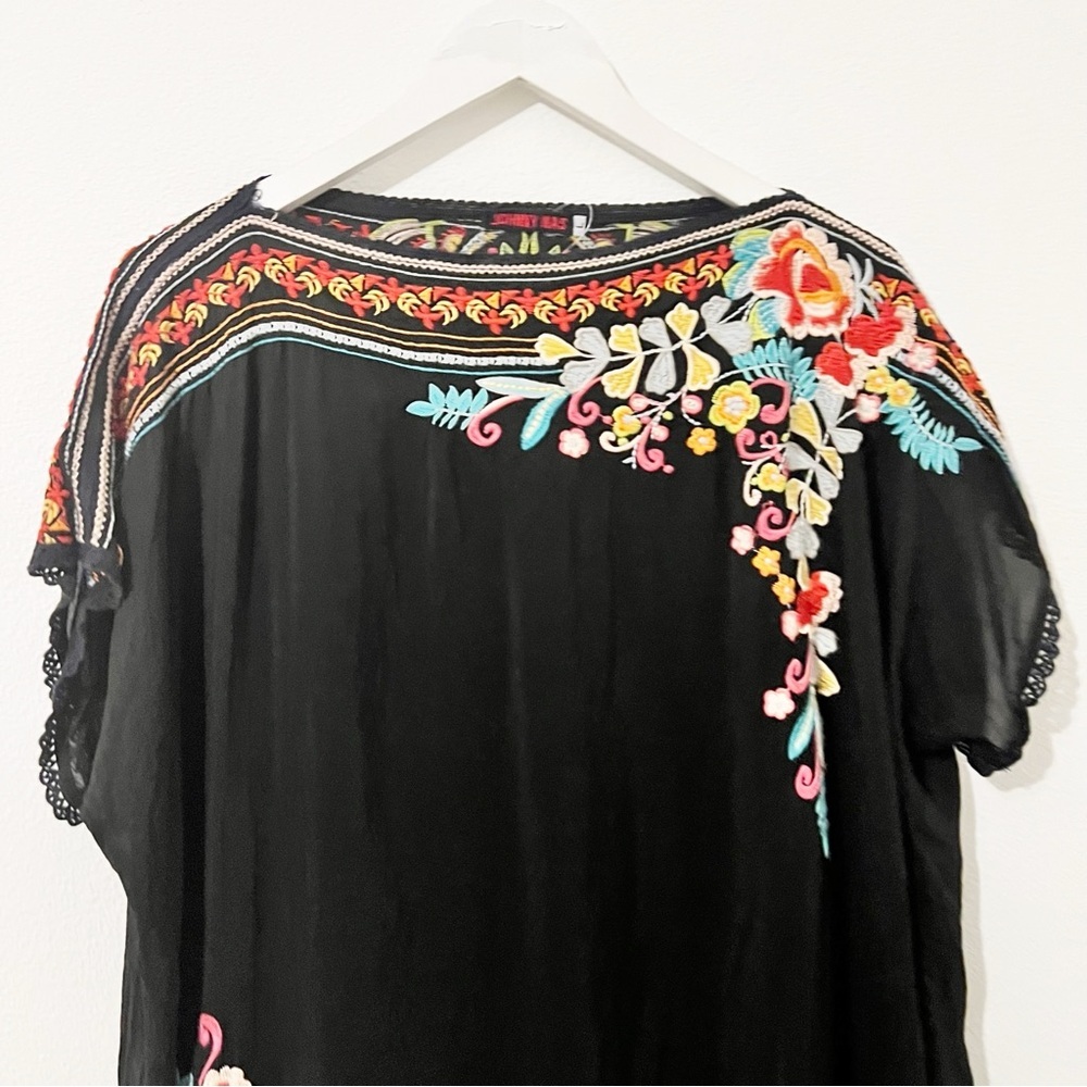 JOHNNY WAS GEORGETTA LONG TUNIC WITH FLORAL EMBROIDERY BOAT NECKLINE Black Large - Picture 2 of 7
